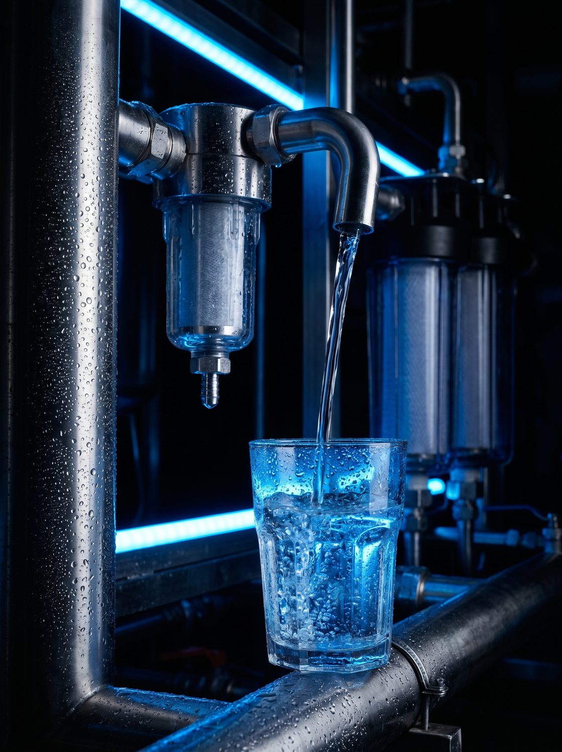 Sistema di depurazione dell'acqua che riempie un bicchiere di acqua cristallina
