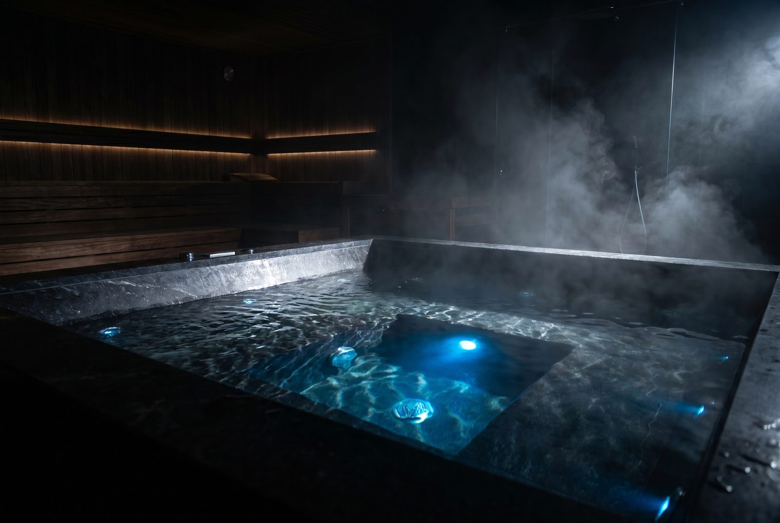 Vasca idromassaggio con acqua illuminata e vapore in un ambiente spa scuro